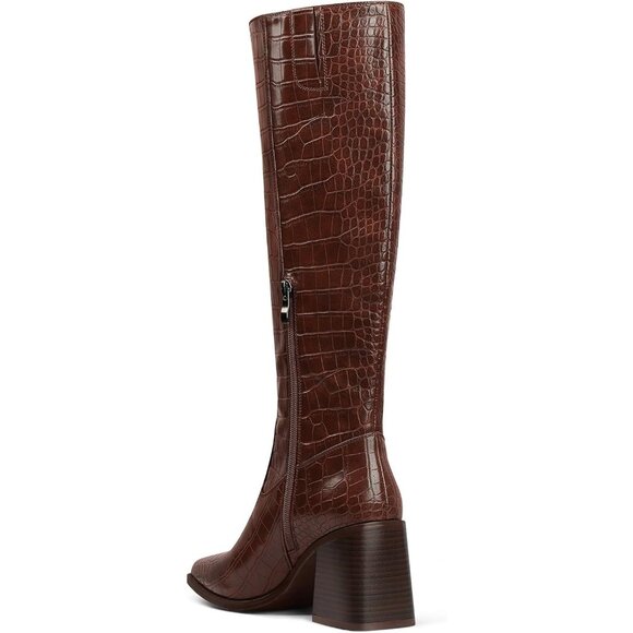 Women Brown Pu Polyurethane Knee High Square Toe Side Zipper Block Heel Boot - Picture 9 of 9